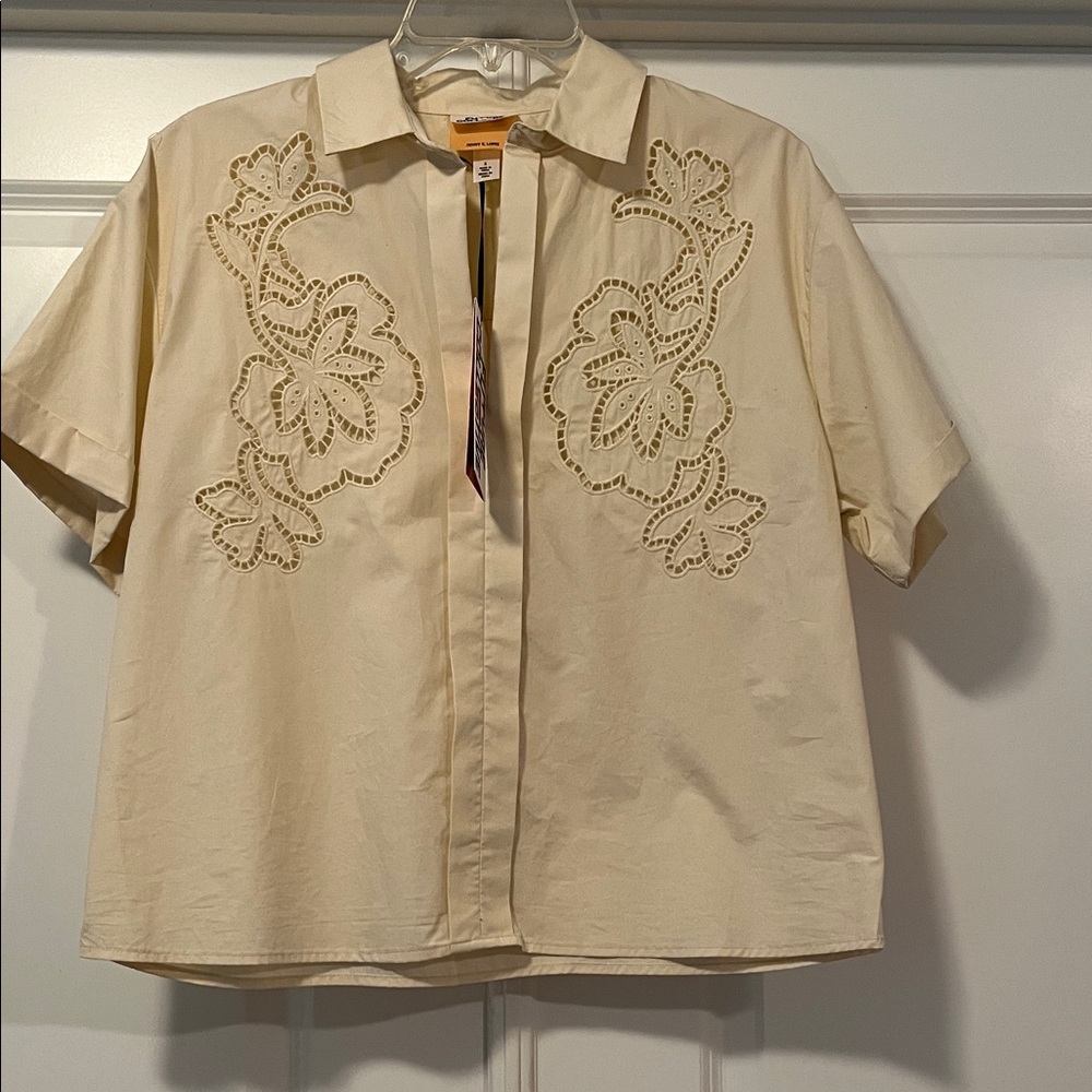 Cream Short Sleeve Blouse with Floral Cutouts